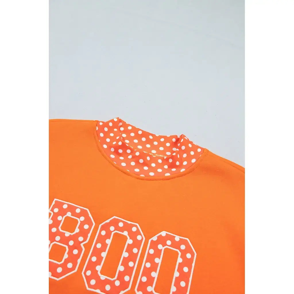 Grapefruit Orange Polka Dot Letter Print Contrast Trim Mock Neck Sweatshirt