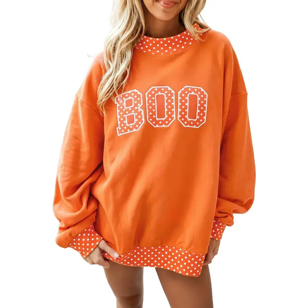 Grapefruit Orange Polka Dot Letter Print Contrast Trim Mock Neck Sweatshirt
