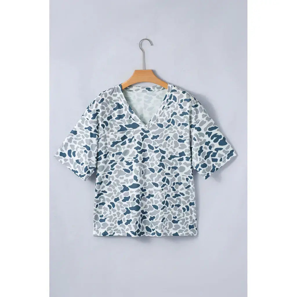 Gray Camouflage Print Single Chest Pocket V Neck Tee