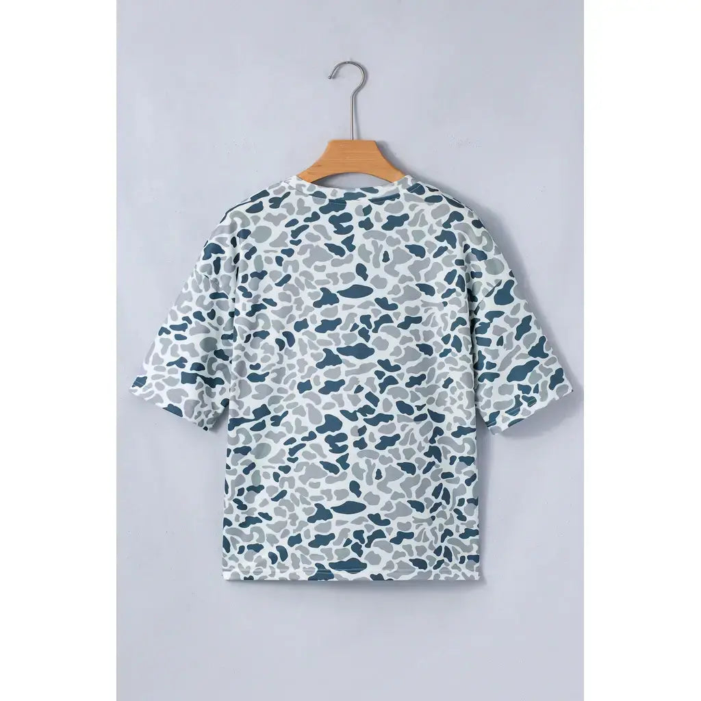 Gray Camouflage Print Single Chest Pocket V Neck Tee