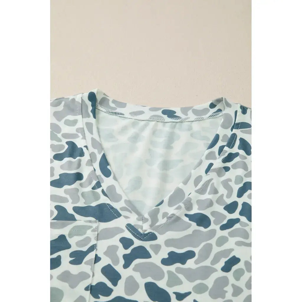 Gray Camouflage Print Single Chest Pocket V Neck Tee