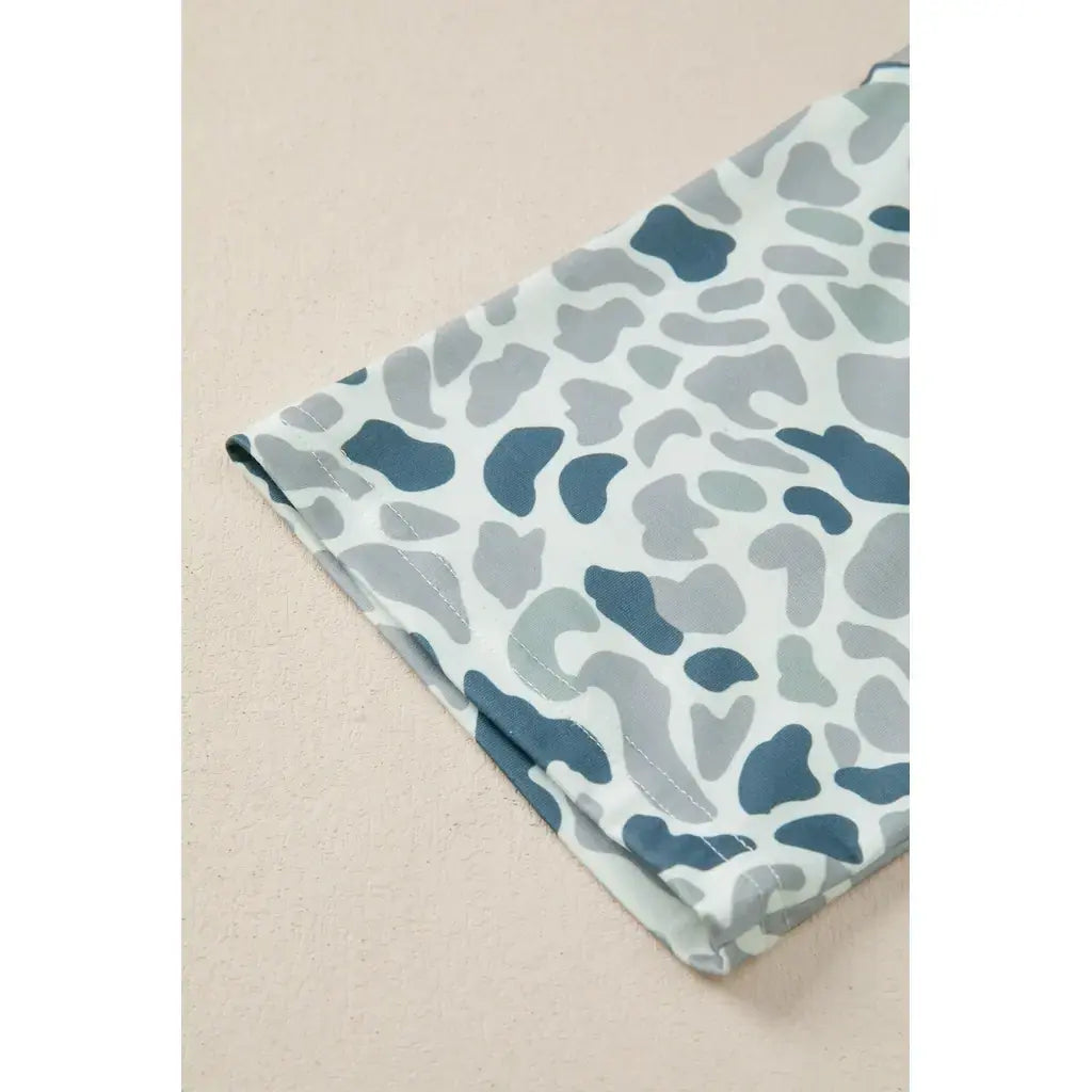 Gray Camouflage Print Single Chest Pocket V Neck Tee