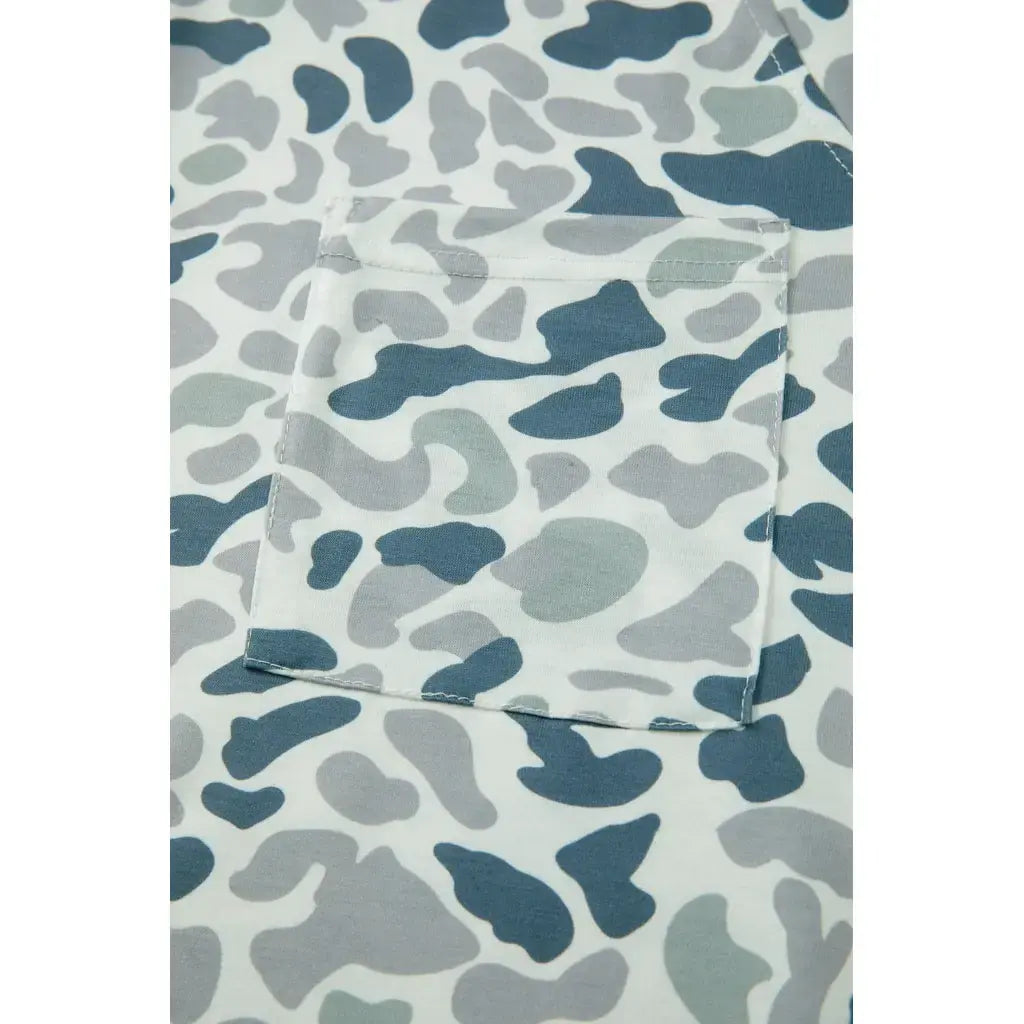Gray Camouflage Print Single Chest Pocket V Neck Tee