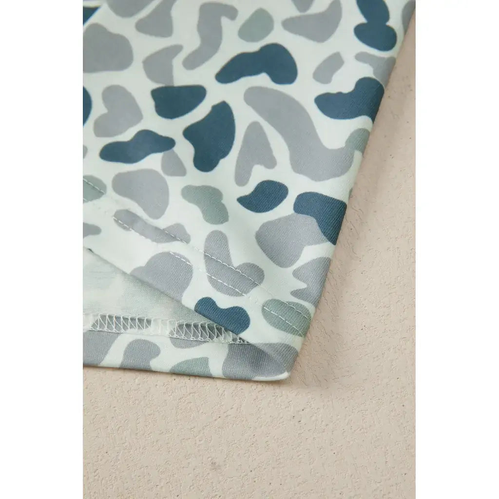 Gray Camouflage Print Single Chest Pocket V Neck Tee