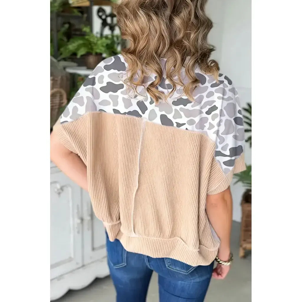 Gray Camouflage Print Twisted Ribbed Patchwork Casual T Shirt