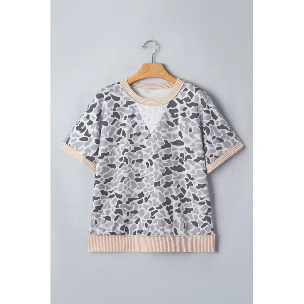 Gray Camouflage Print Twisted Ribbed Patchwork Casual T Shirt