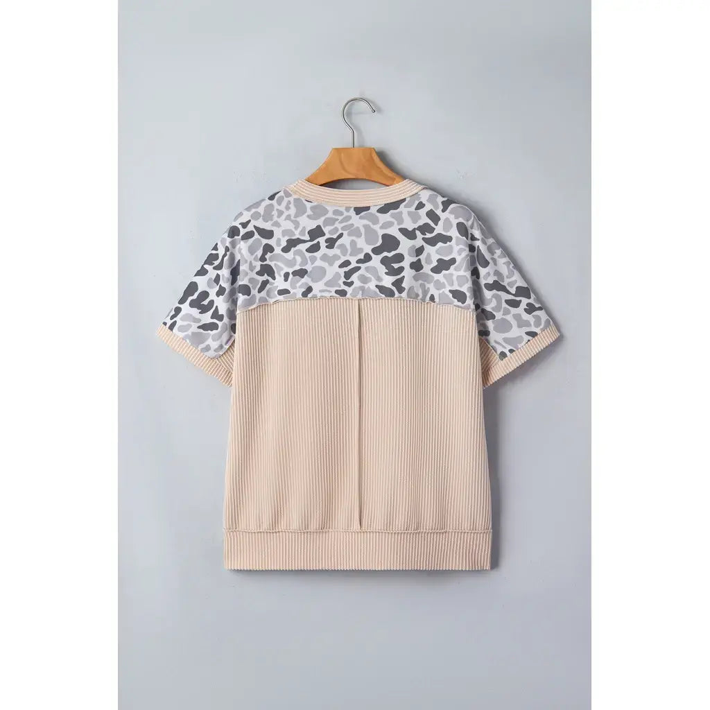 Gray Camouflage Print Twisted Ribbed Patchwork Casual T Shirt