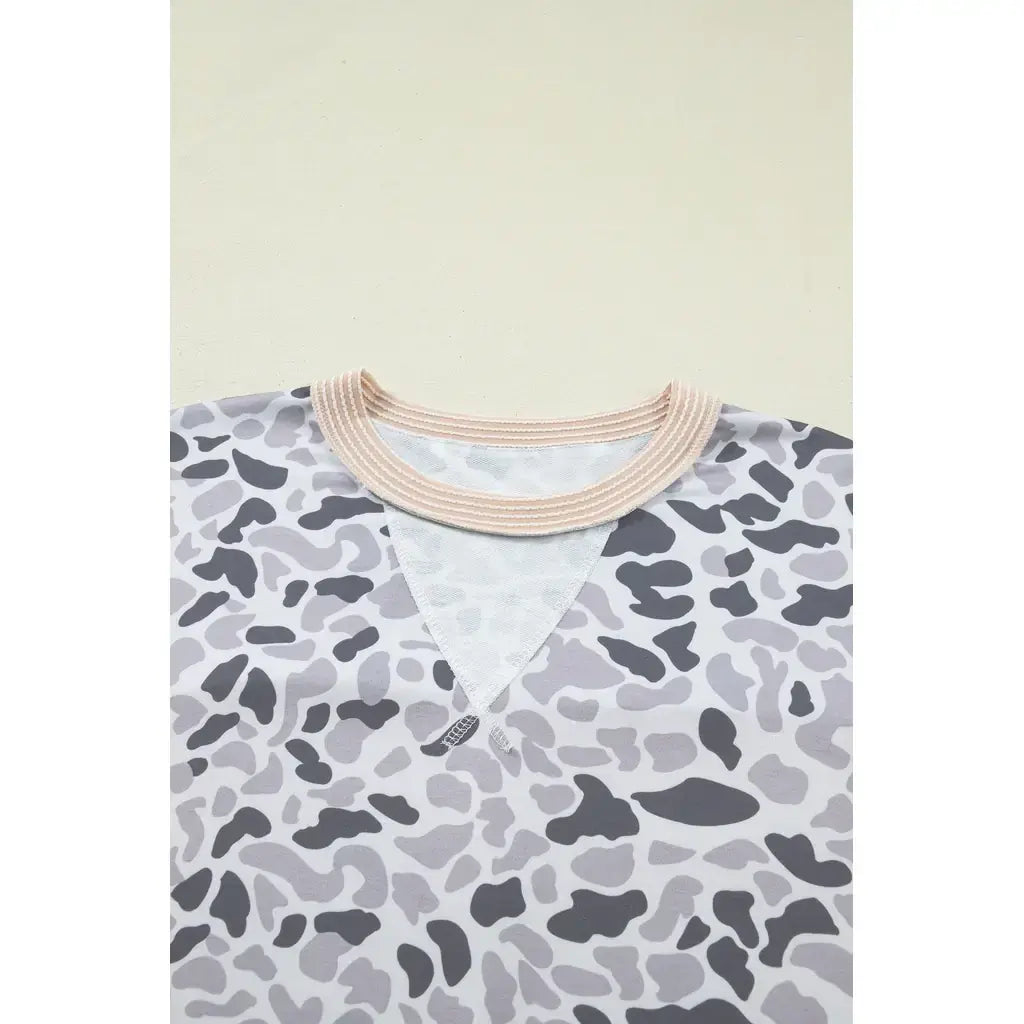 Gray Camouflage Print Twisted Ribbed Patchwork Casual T Shirt
