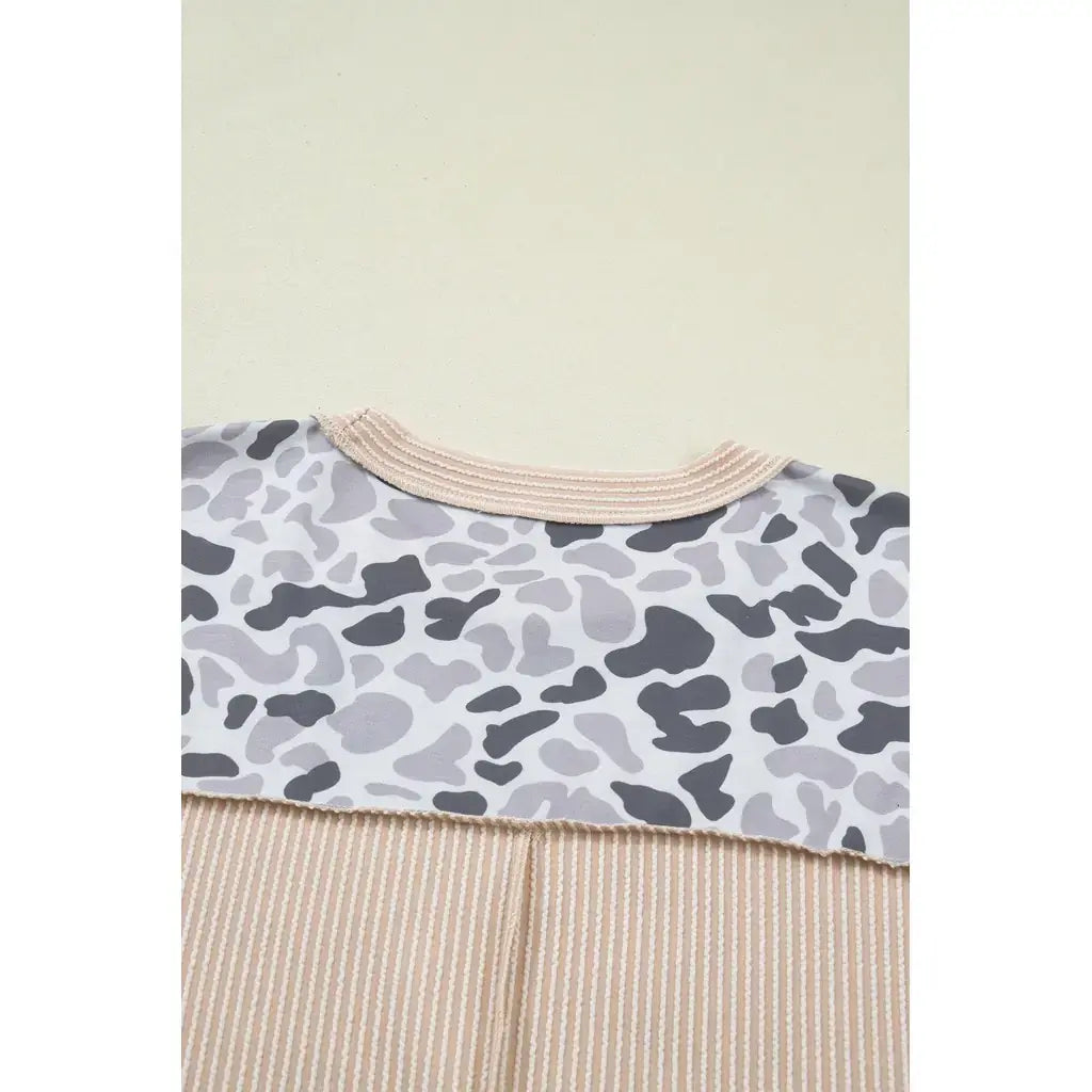 Gray Camouflage Print Twisted Ribbed Patchwork Casual T Shirt