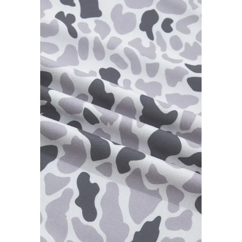 Gray Camouflage Print Twisted Ribbed Patchwork Casual T Shirt