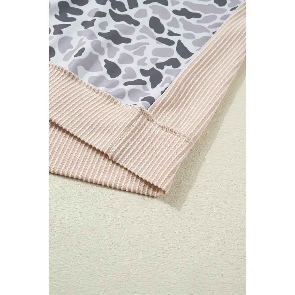 Gray Camouflage Print Twisted Ribbed Patchwork Casual T Shirt