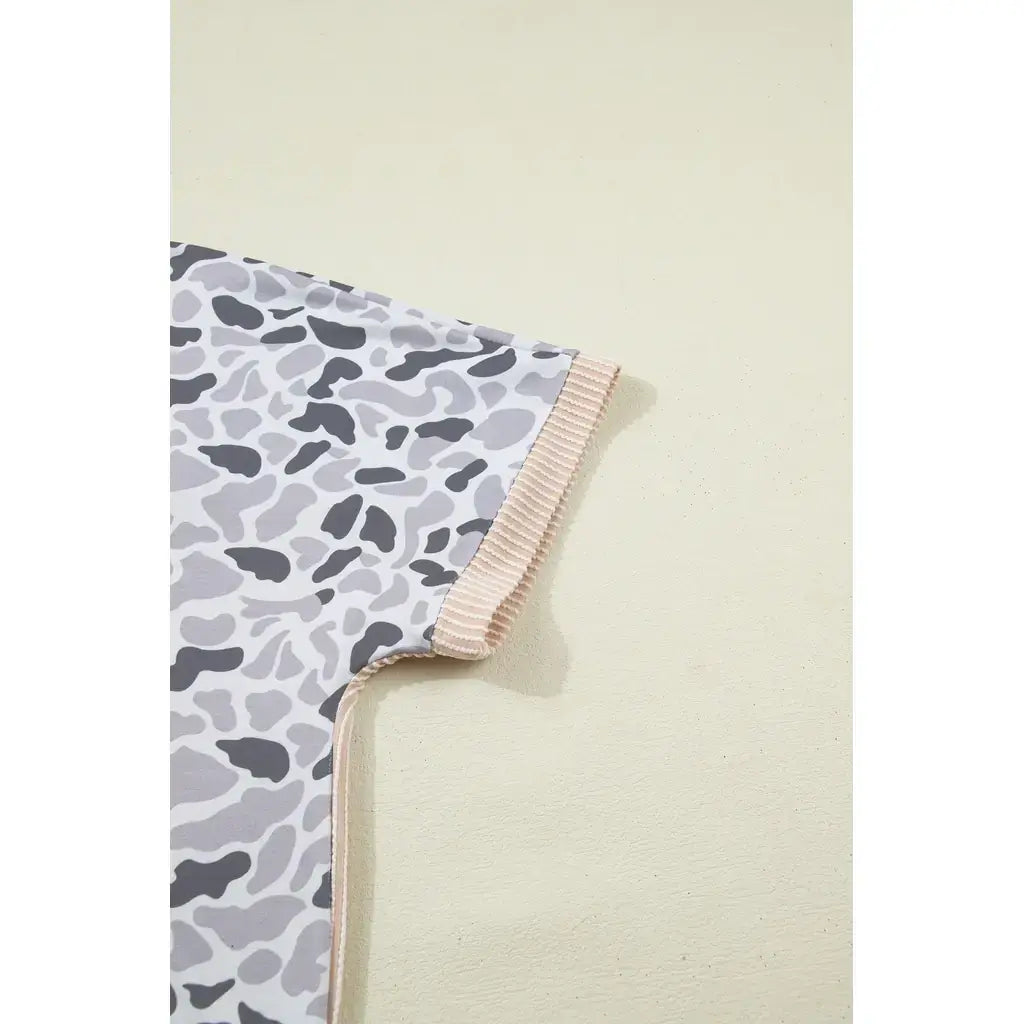 Gray Camouflage Print Twisted Ribbed Patchwork Casual T Shirt
