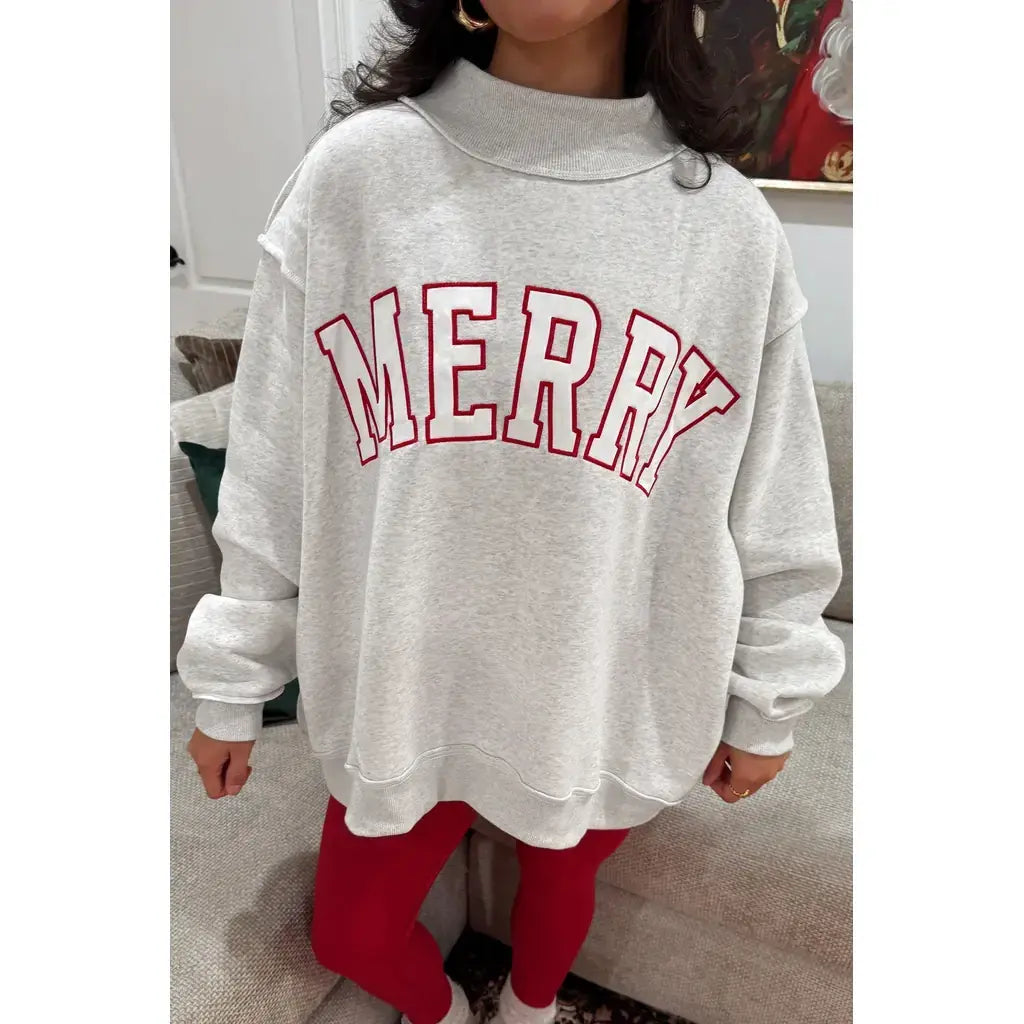 Gray MERRY Embroidered Letter High Neck Tunic Pullover Sweatshirt