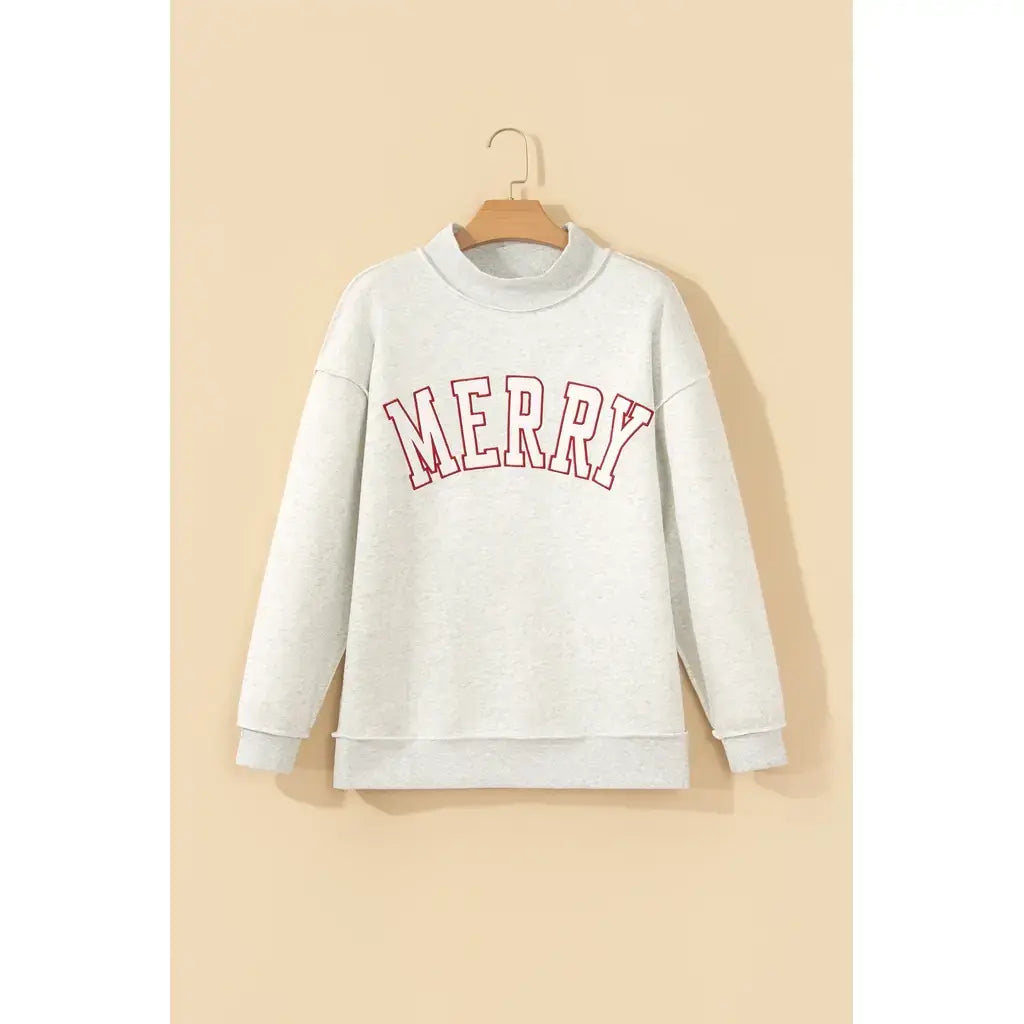 Gray MERRY Embroidered Letter High Neck Tunic Pullover Sweatshirt