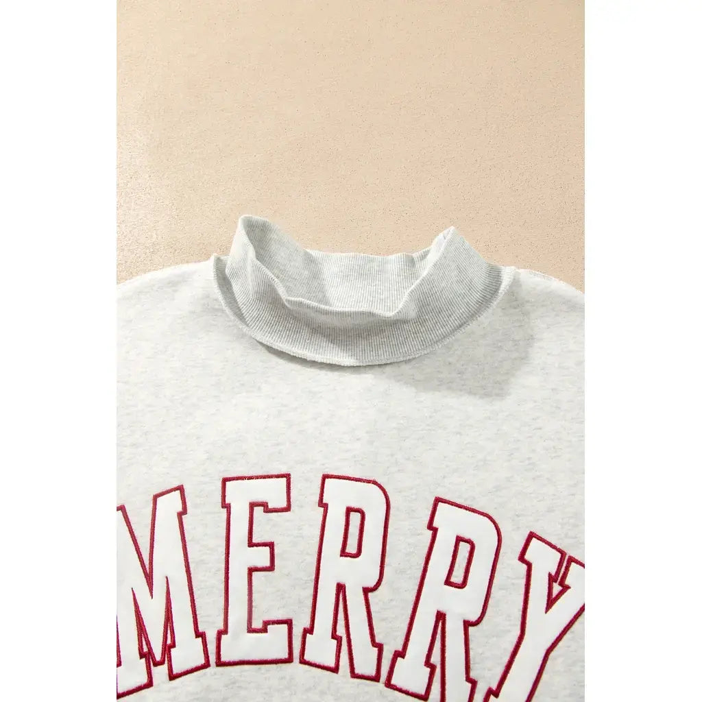 Gray MERRY Embroidered Letter High Neck Tunic Pullover Sweatshirt
