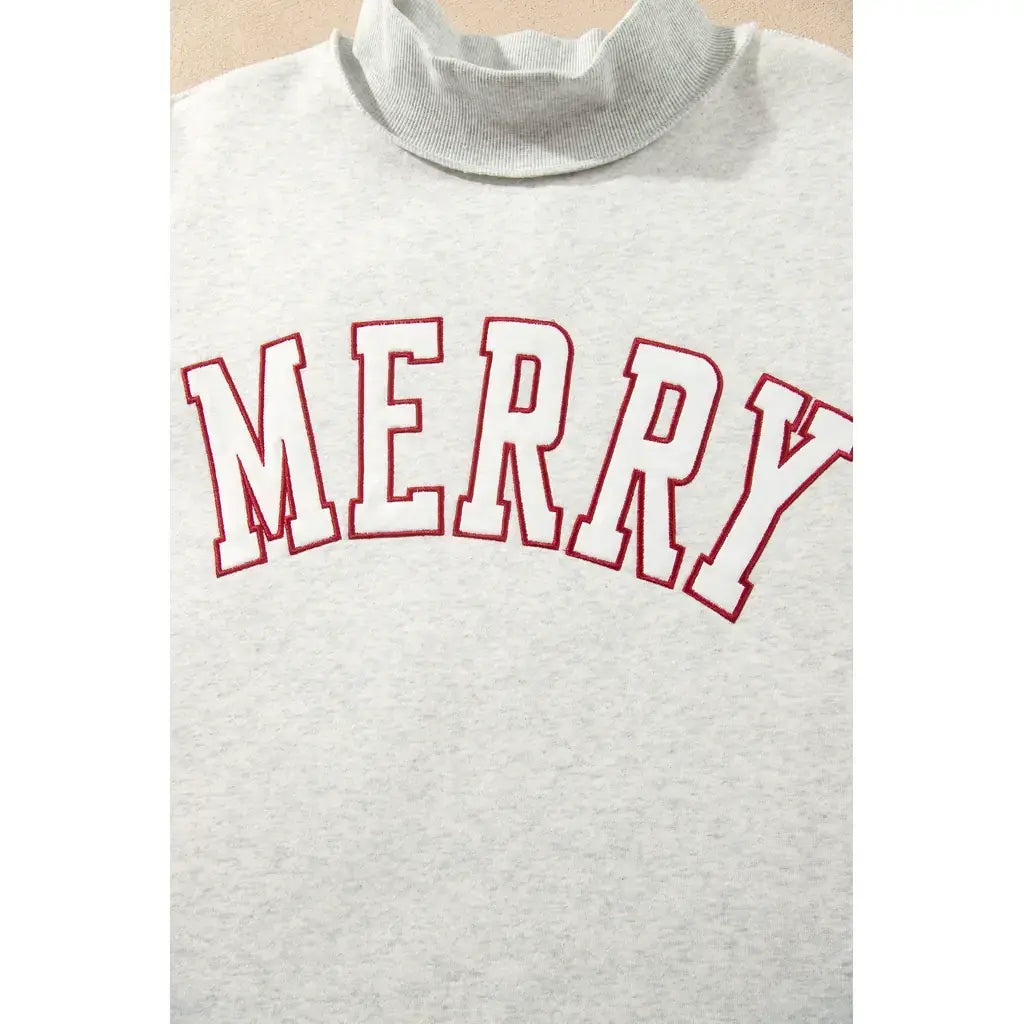 Gray MERRY Embroidered Letter High Neck Tunic Pullover Sweatshirt