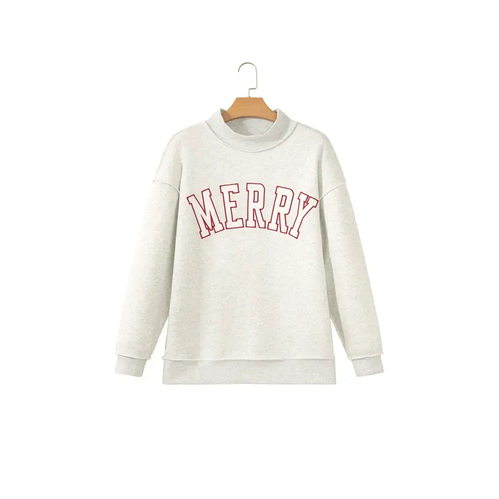 Gray MERRY Embroidered Letter High Neck Tunic Pullover Sweatshirt
