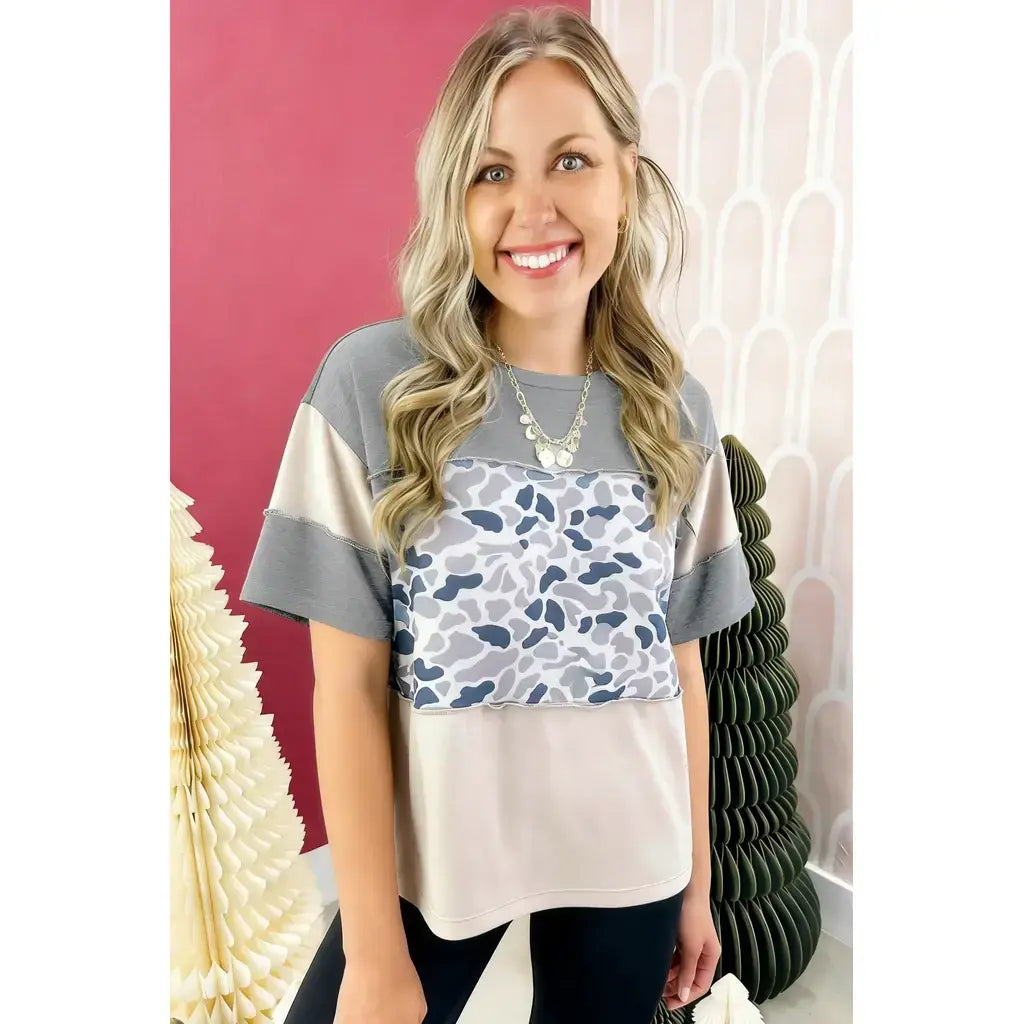 Gray Raw Seam Color Block Camouflage Patchwork Casual Tee