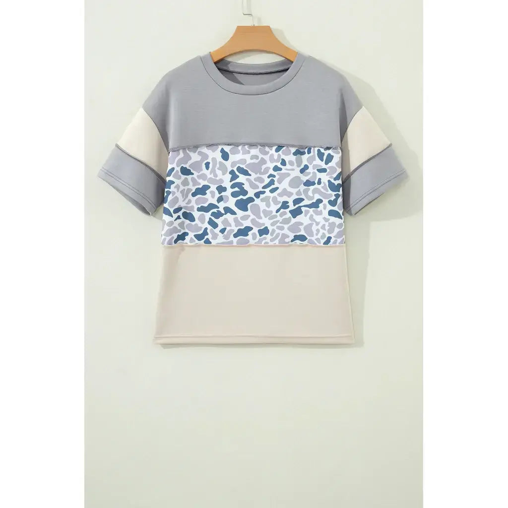 Gray Raw Seam Color Block Camouflage Patchwork Casual Tee