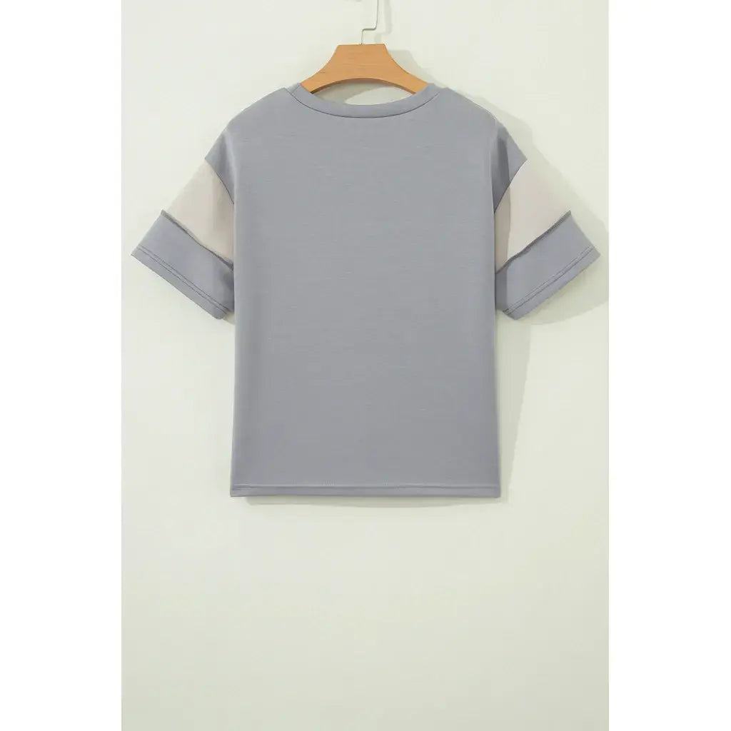 Gray Raw Seam Color Block Camouflage Patchwork Casual Tee