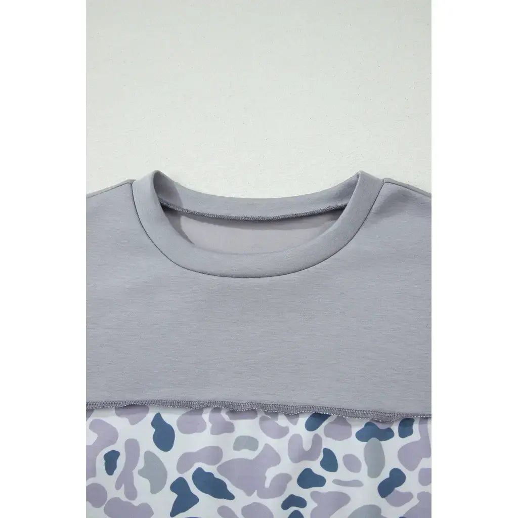 Gray Raw Seam Color Block Camouflage Patchwork Casual Tee