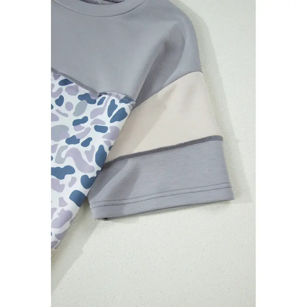 Gray Raw Seam Color Block Camouflage Patchwork Casual Tee