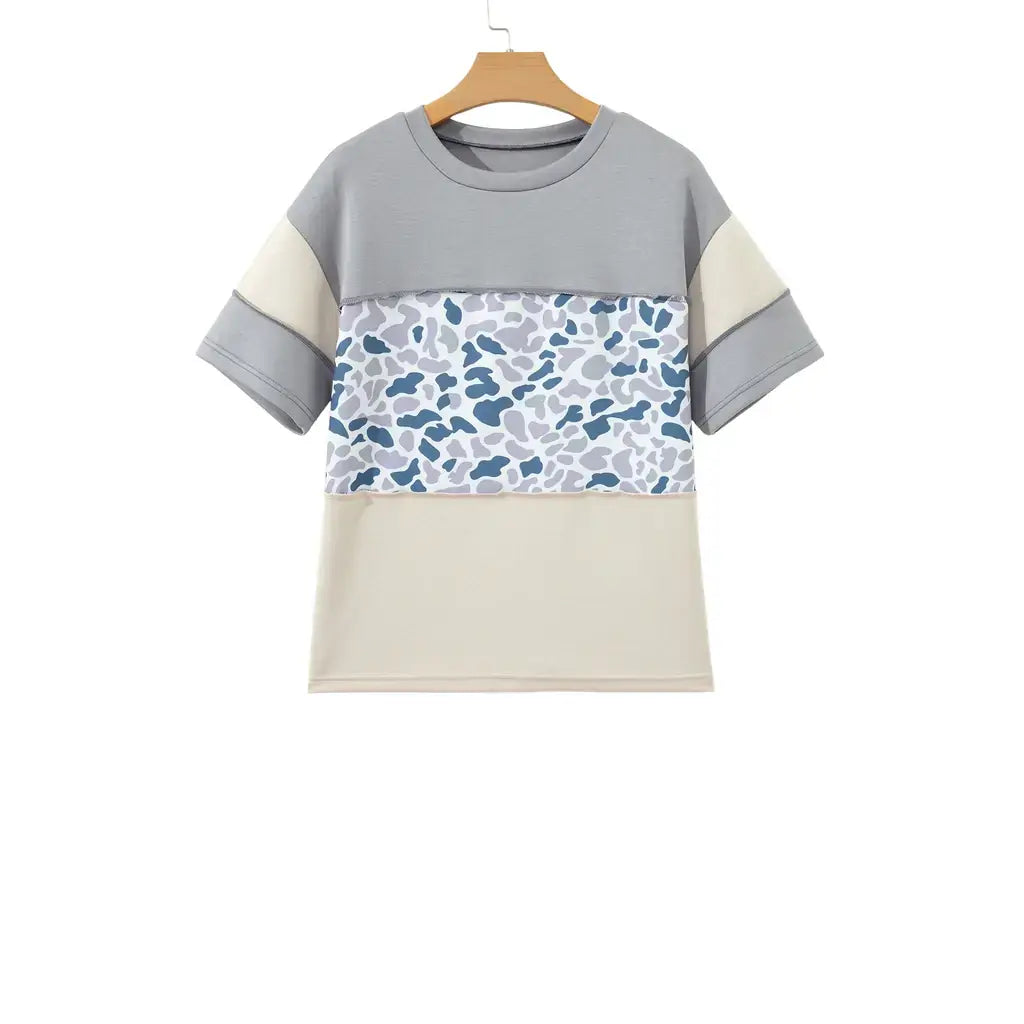 Gray Raw Seam Color Block Camouflage Patchwork Casual Tee