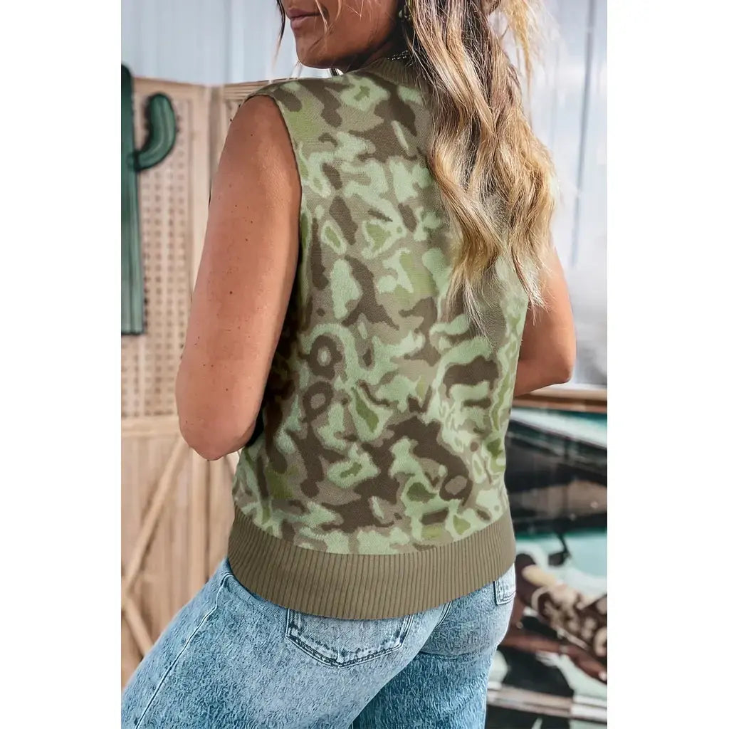 Green Camo Print Button Front Loose Sweater Vest