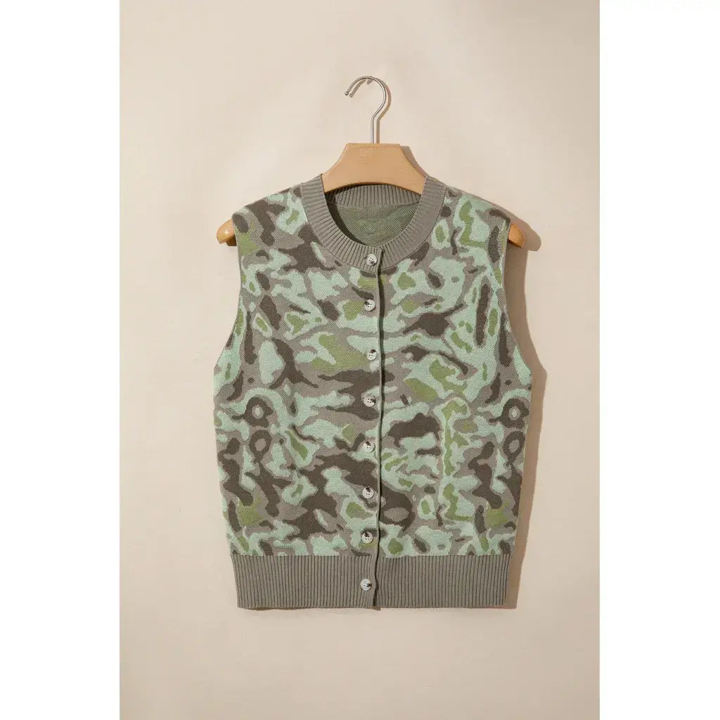 Green Camo Print Button Front Loose Sweater Vest