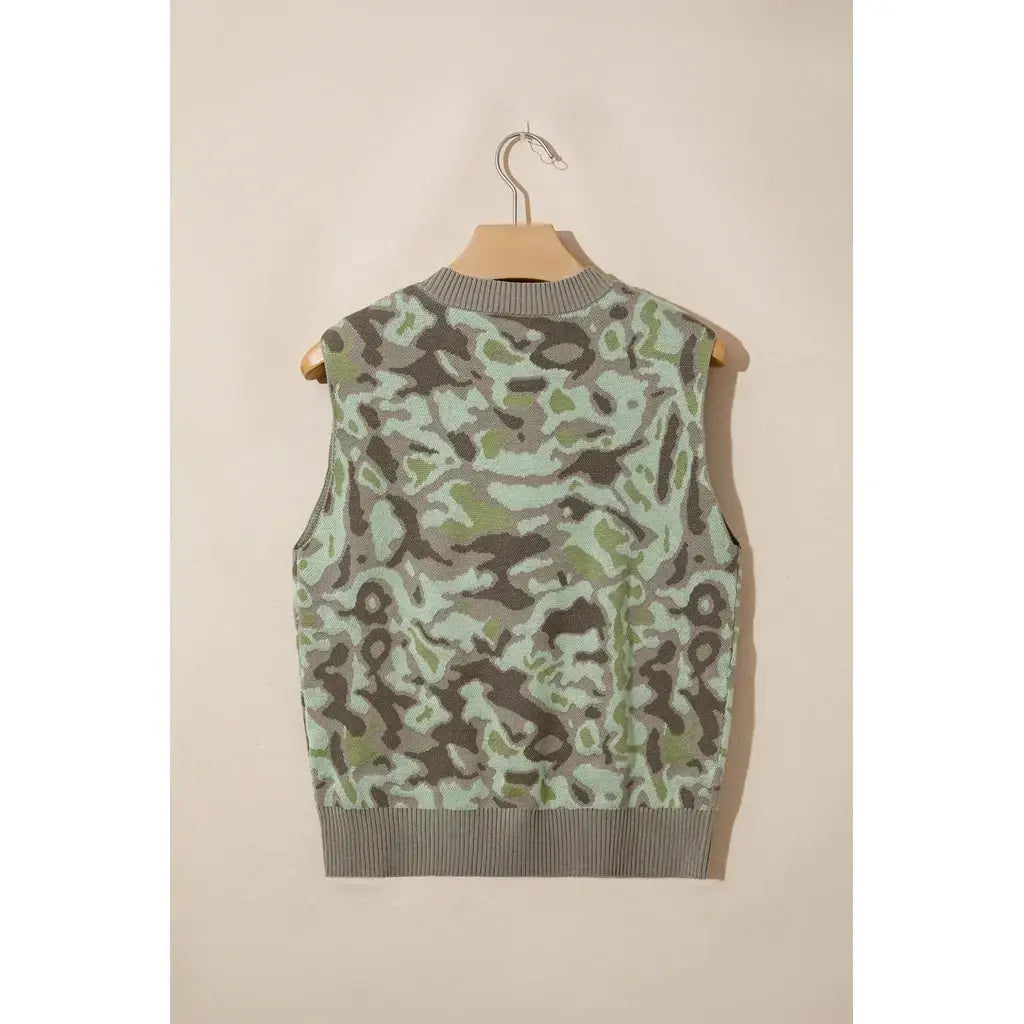 Green Camo Print Button Front Loose Sweater Vest