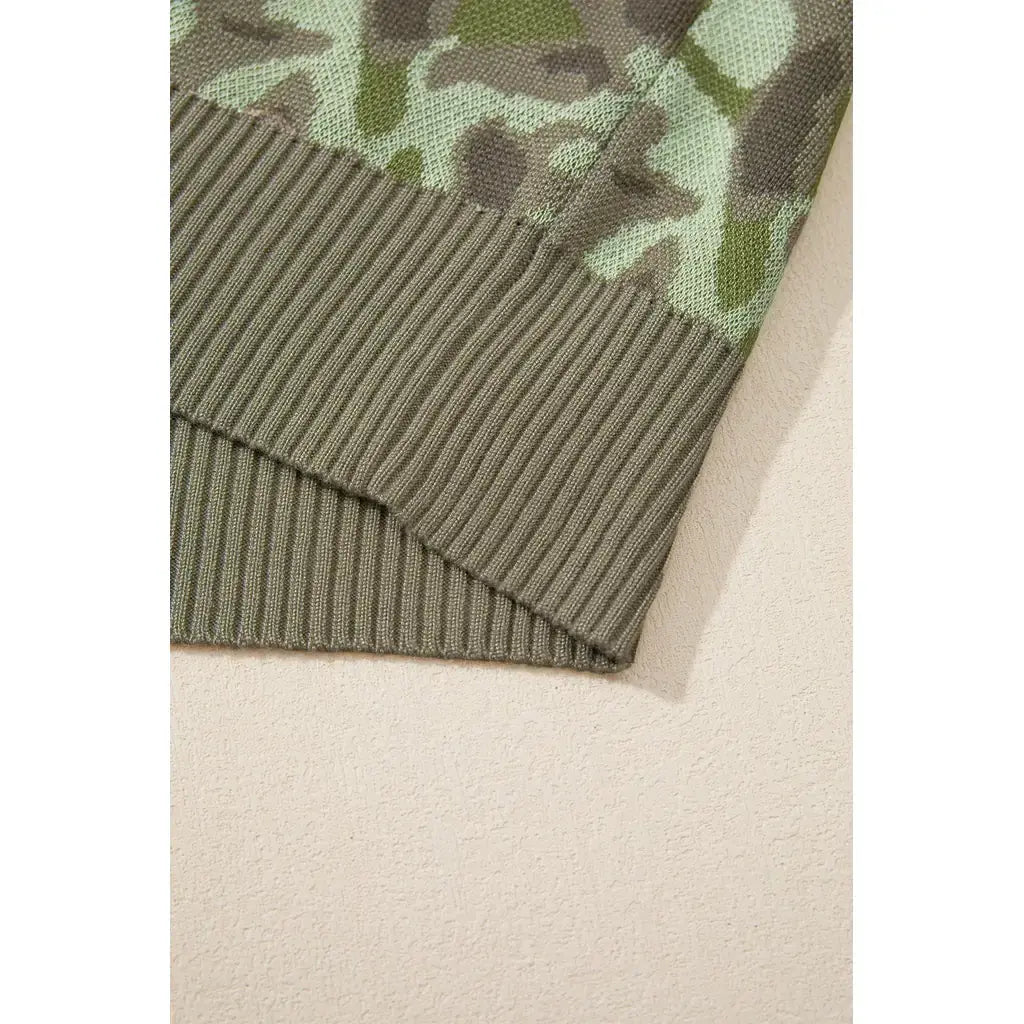 Green Camo Print Button Front Loose Sweater Vest