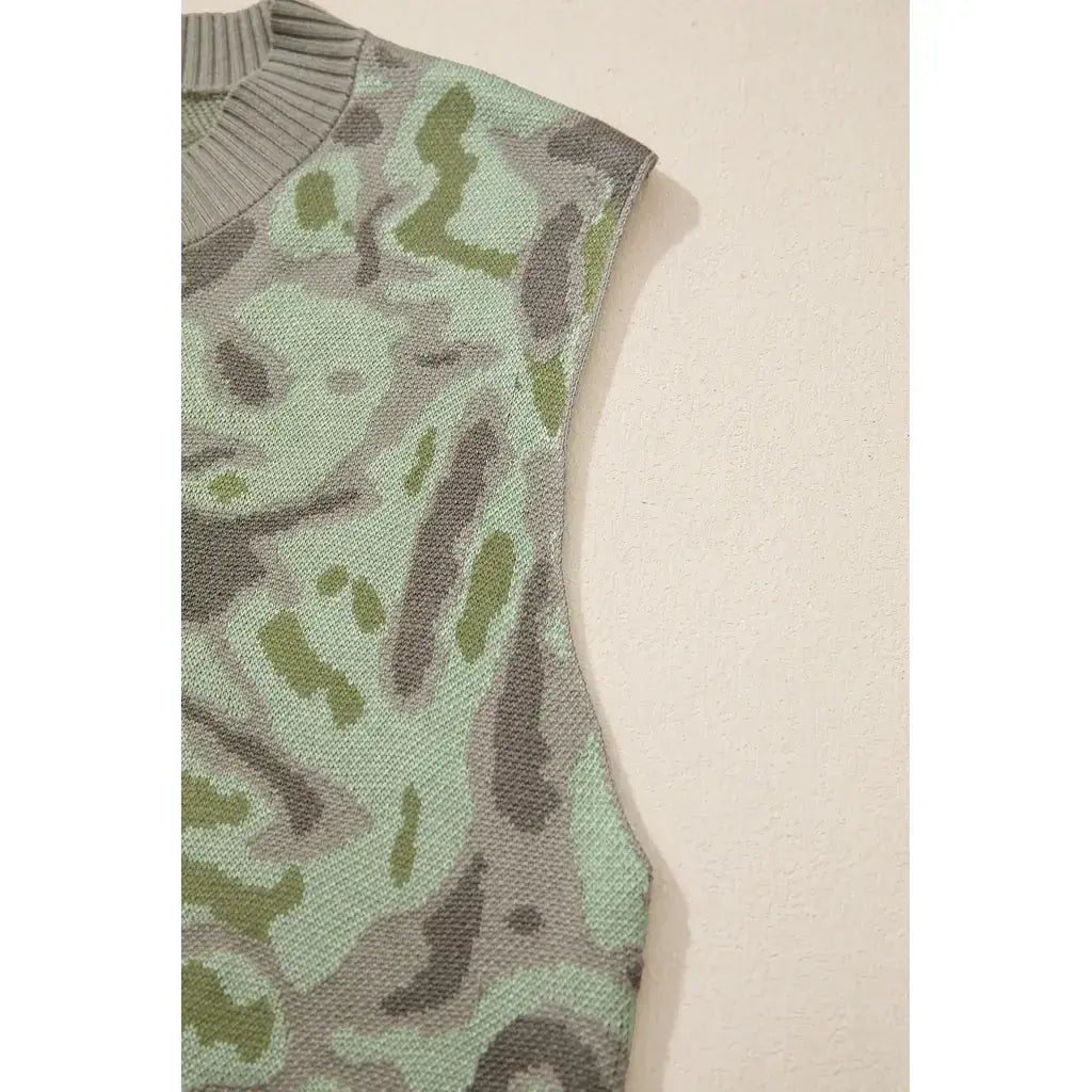 Green Camo Print Button Front Loose Sweater Vest