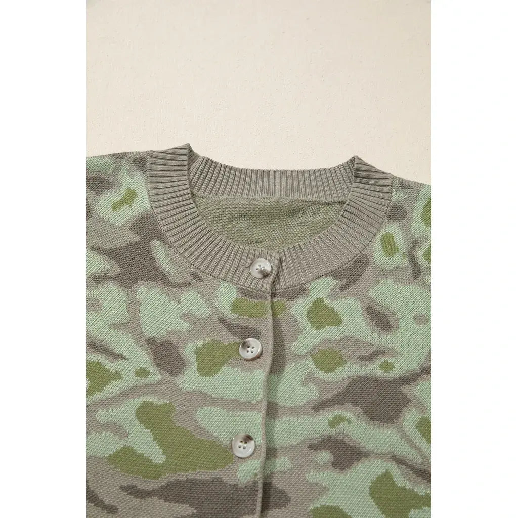 Green Camo Print Button Front Loose Sweater Vest