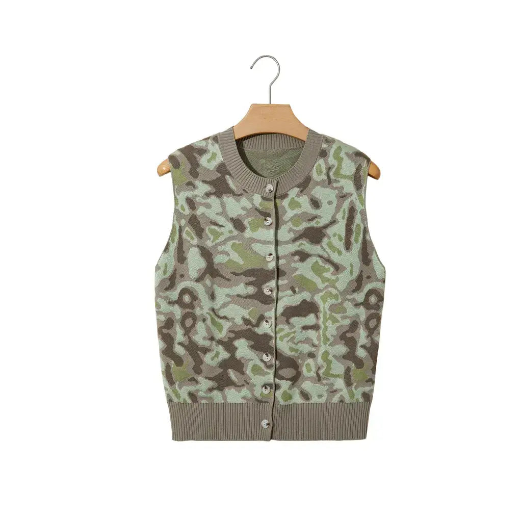 Green Camo Print Button Front Loose Sweater Vest