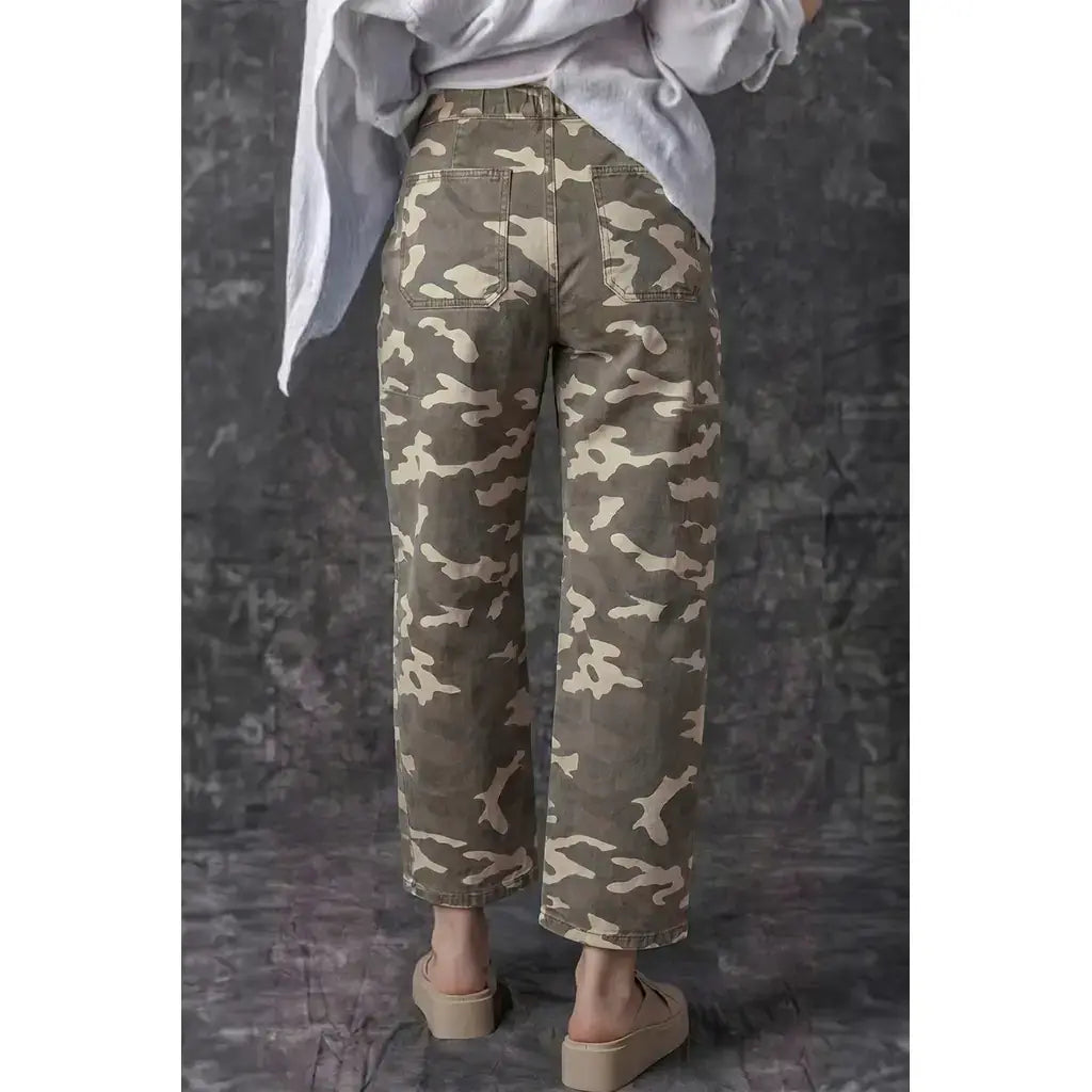 Green Leopard Printed Drawstring Elastic Waistband Pocketed Barrel Jeans