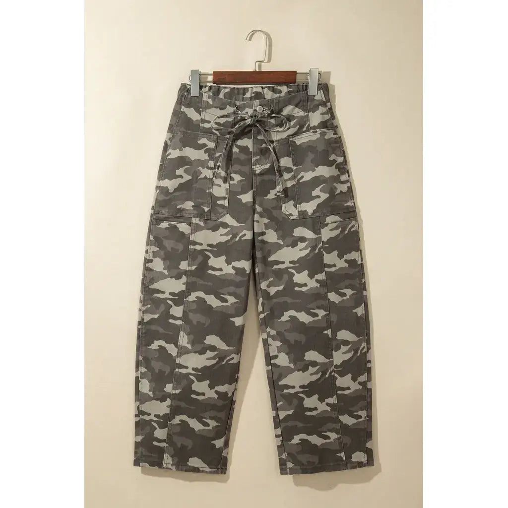 Green Leopard Printed Drawstring Elastic Waistband Pocketed Barrel Jeans