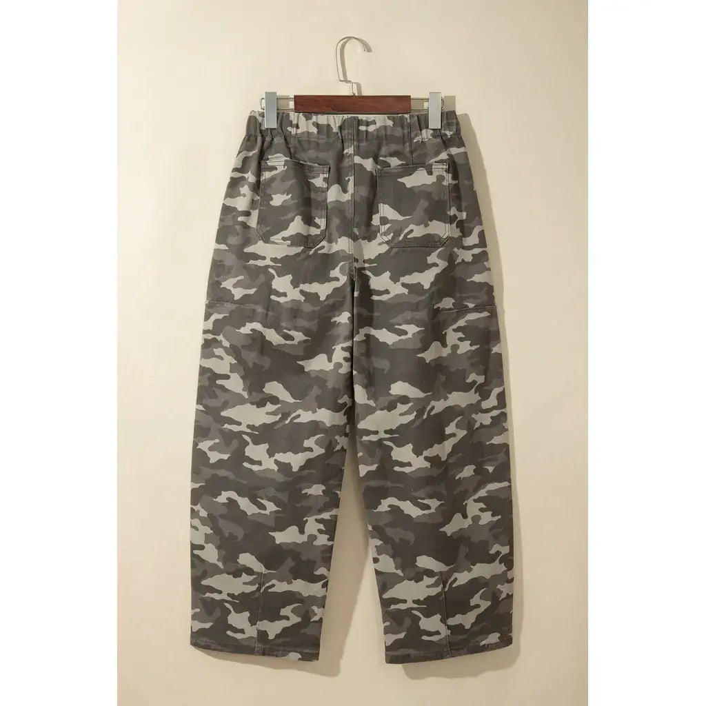 Green Leopard Printed Drawstring Elastic Waistband Pocketed Barrel Jeans