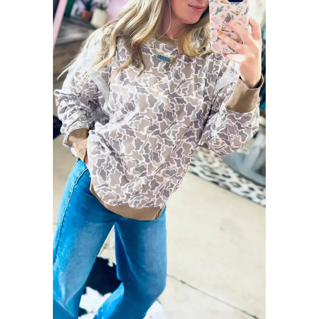 Khaki Camouflage Print Textured Knit Color Block Trim Long Sleeve Top