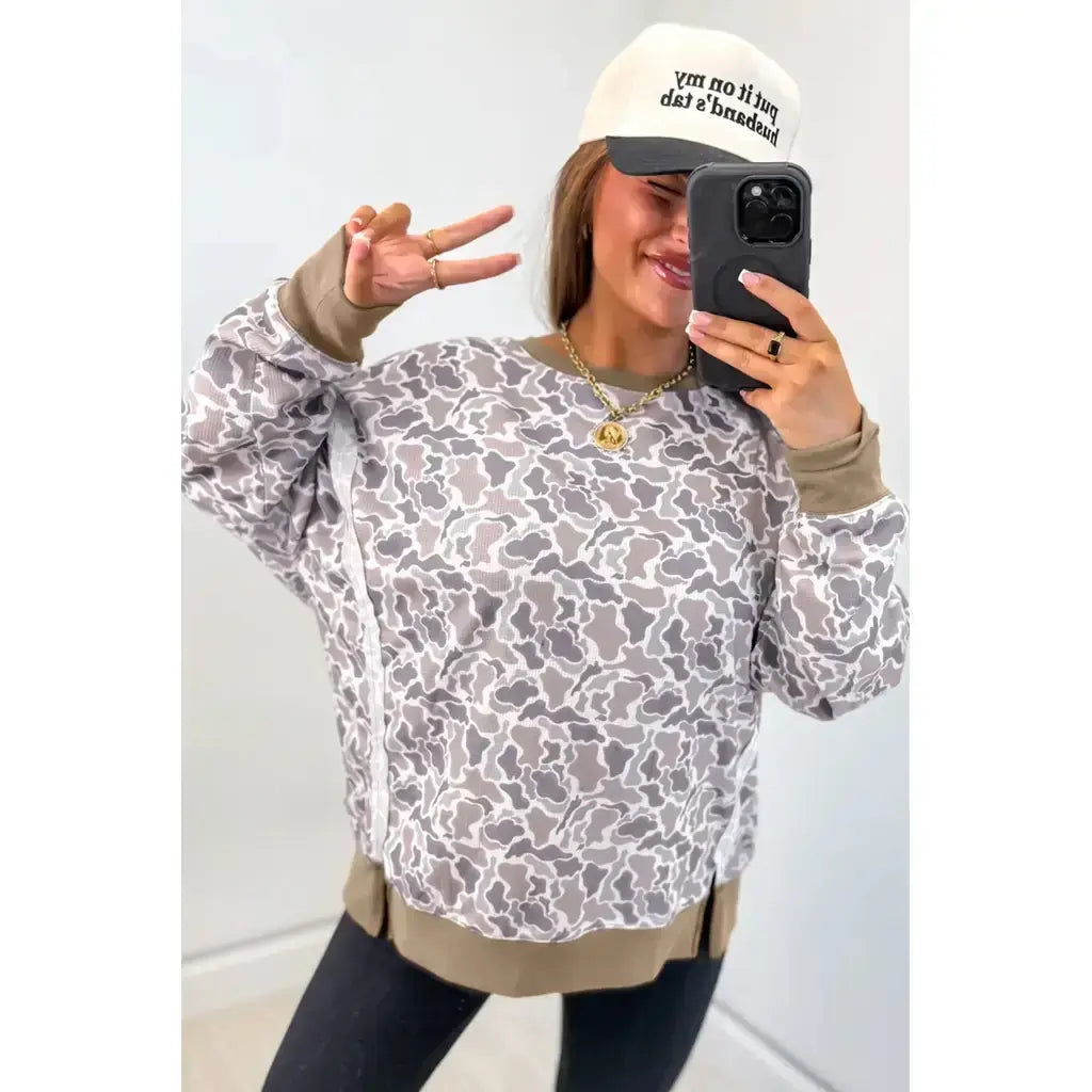 Khaki Camouflage Print Textured Knit Color Block Trim Long Sleeve Top