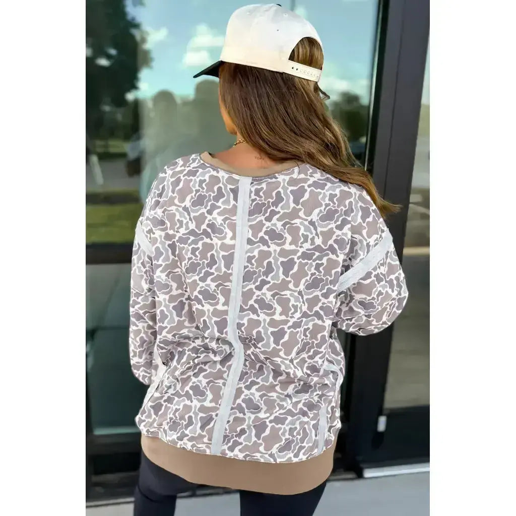 Khaki Camouflage Print Textured Knit Color Block Trim Long Sleeve Top