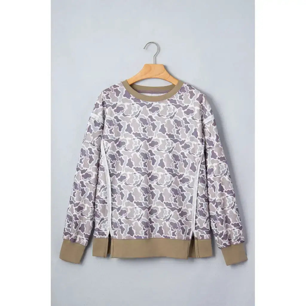 Khaki Camouflage Print Textured Knit Color Block Trim Long Sleeve Top