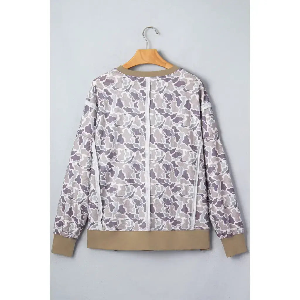 Khaki Camouflage Print Textured Knit Color Block Trim Long Sleeve Top