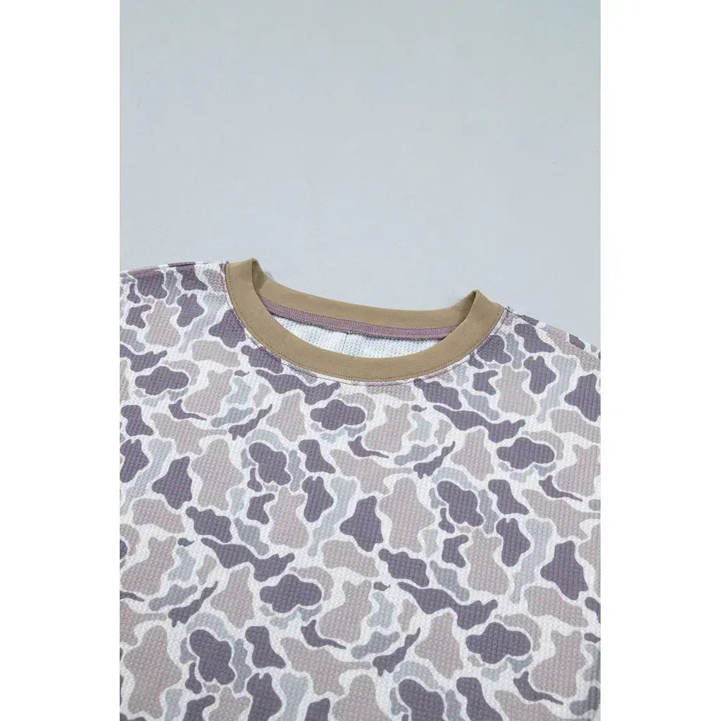 Khaki Camouflage Print Textured Knit Color Block Trim Long Sleeve Top