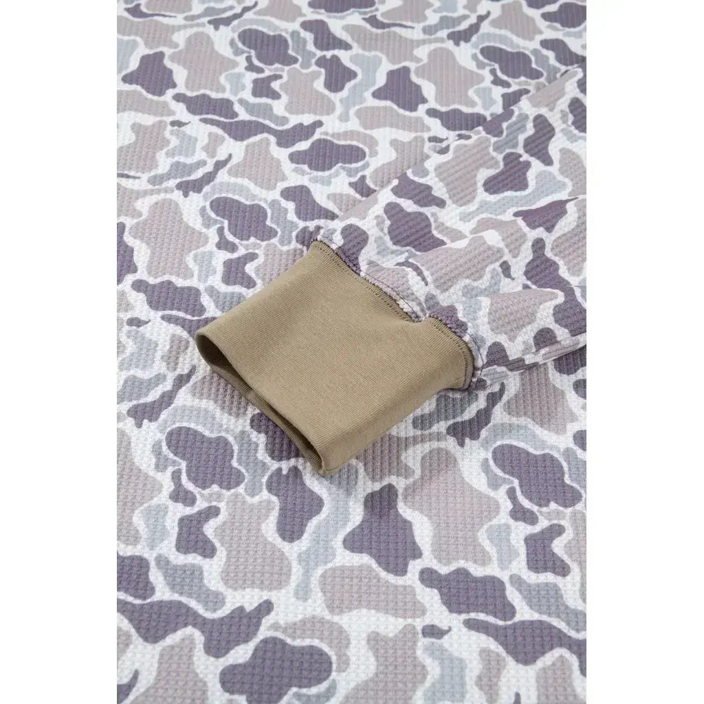 Khaki Camouflage Print Textured Knit Color Block Trim Long Sleeve Top