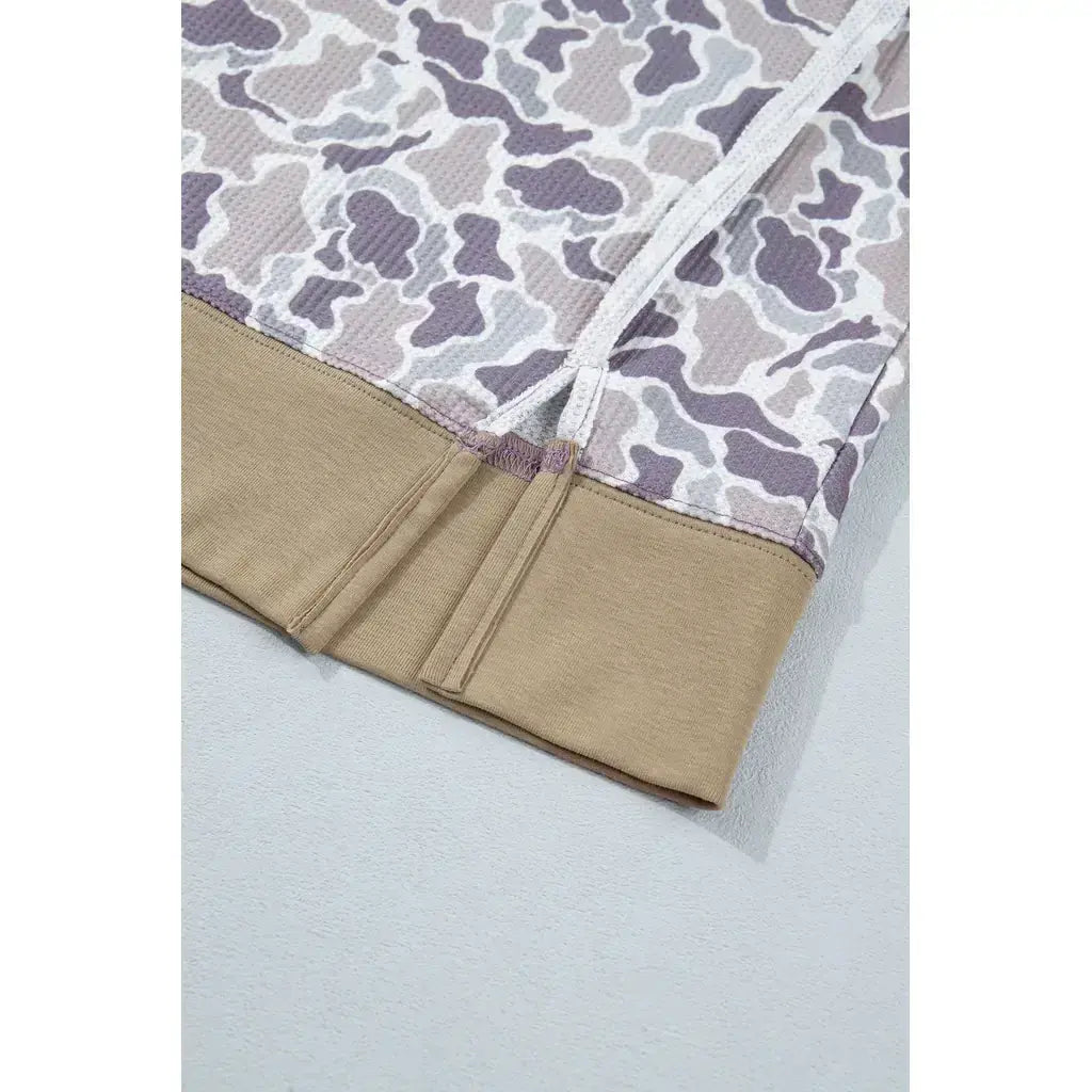 Khaki Camouflage Print Textured Knit Color Block Trim Long Sleeve Top