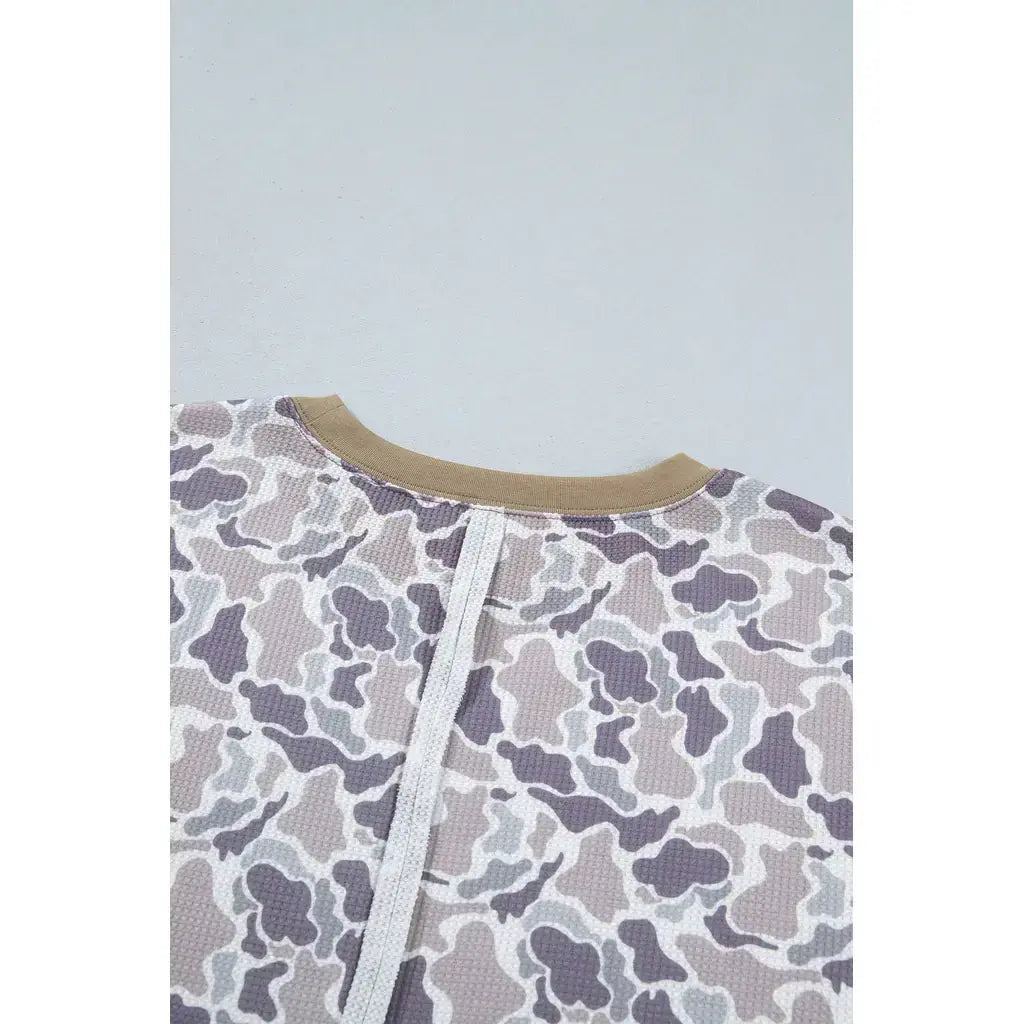Khaki Camouflage Print Textured Knit Color Block Trim Long Sleeve Top