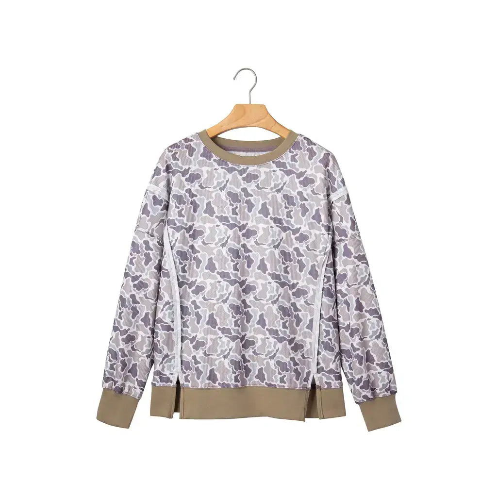 Khaki Camouflage Print Textured Knit Color Block Trim Long Sleeve Top