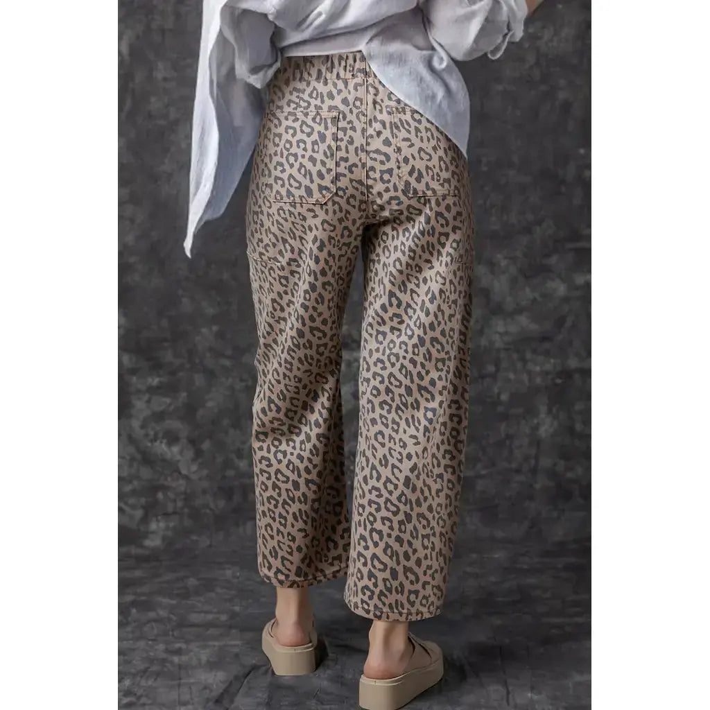Khaki Leopard Printed Drawstring Elastic Waistband Pocketed Barrel Jeans