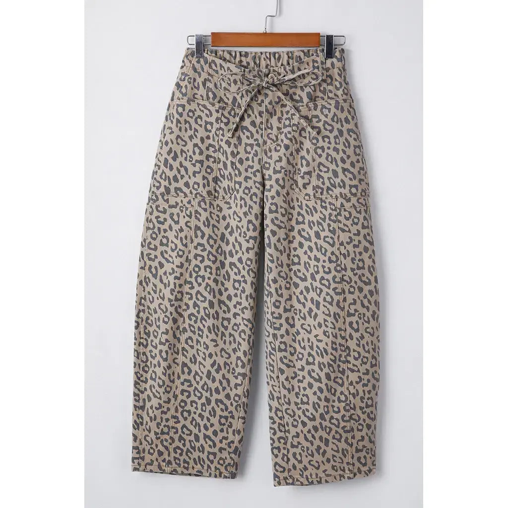 Khaki Leopard Printed Drawstring Elastic Waistband Pocketed Barrel Jeans