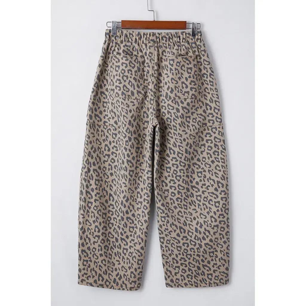 Khaki Leopard Printed Drawstring Elastic Waistband Pocketed Barrel Jeans